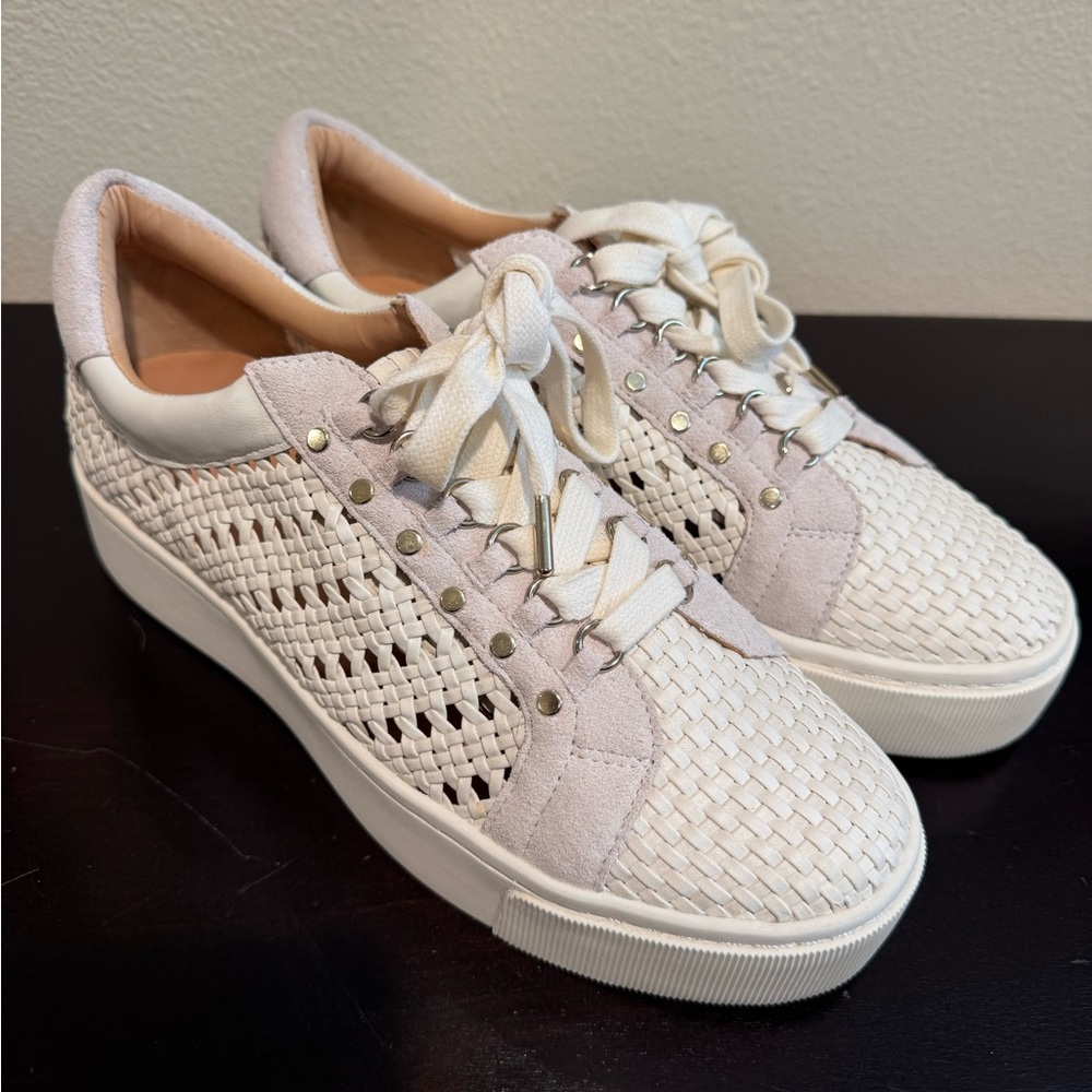 Joie Cream Woven Lace-Up Sneakers with Suede Accents